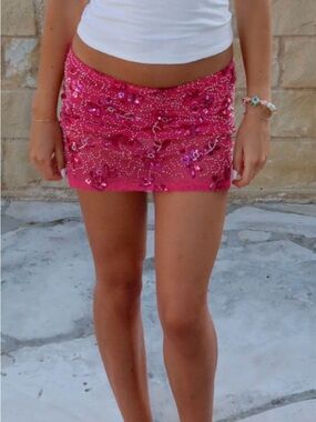 Pink Embellished Mini Skirt - Women's Stylish Summer Skirt